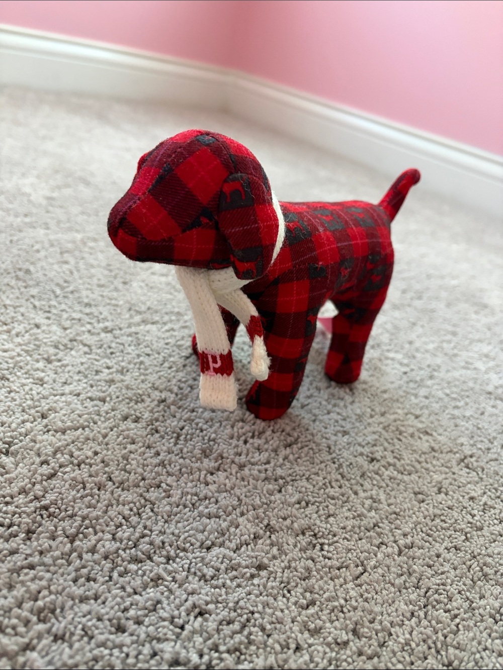 Victorias SecretPlaid Red Dog Plush Toy with Knit Scarf